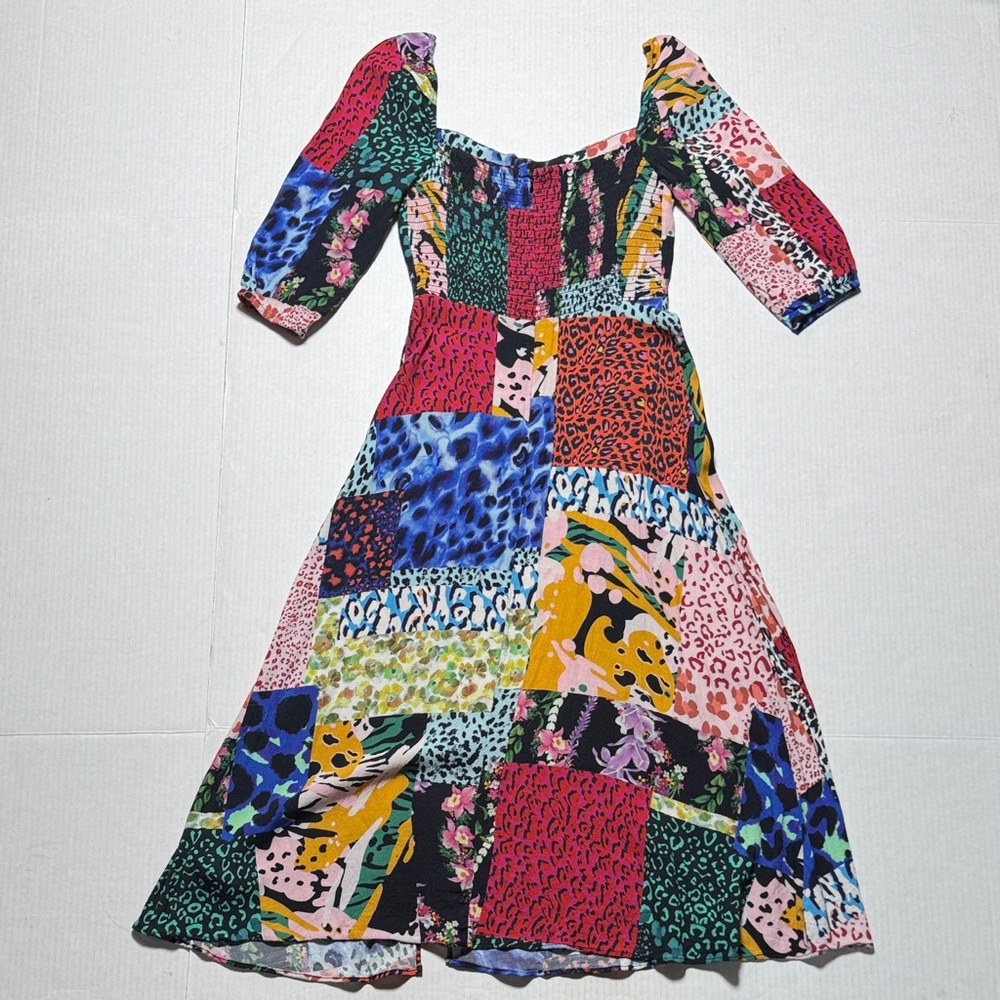 DESIGUAL Colorful Animal Print Patchwork Midi Dress Side Slit Smocked Back SM - Picture 14 of 17